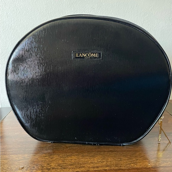 Lancome Paris Black Faux  Leather Round Travel Cosmetic Bag Train Case - Picture 1 of 12